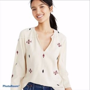 MADEWELL Embroidered Raw Silk Tie Front Blouse